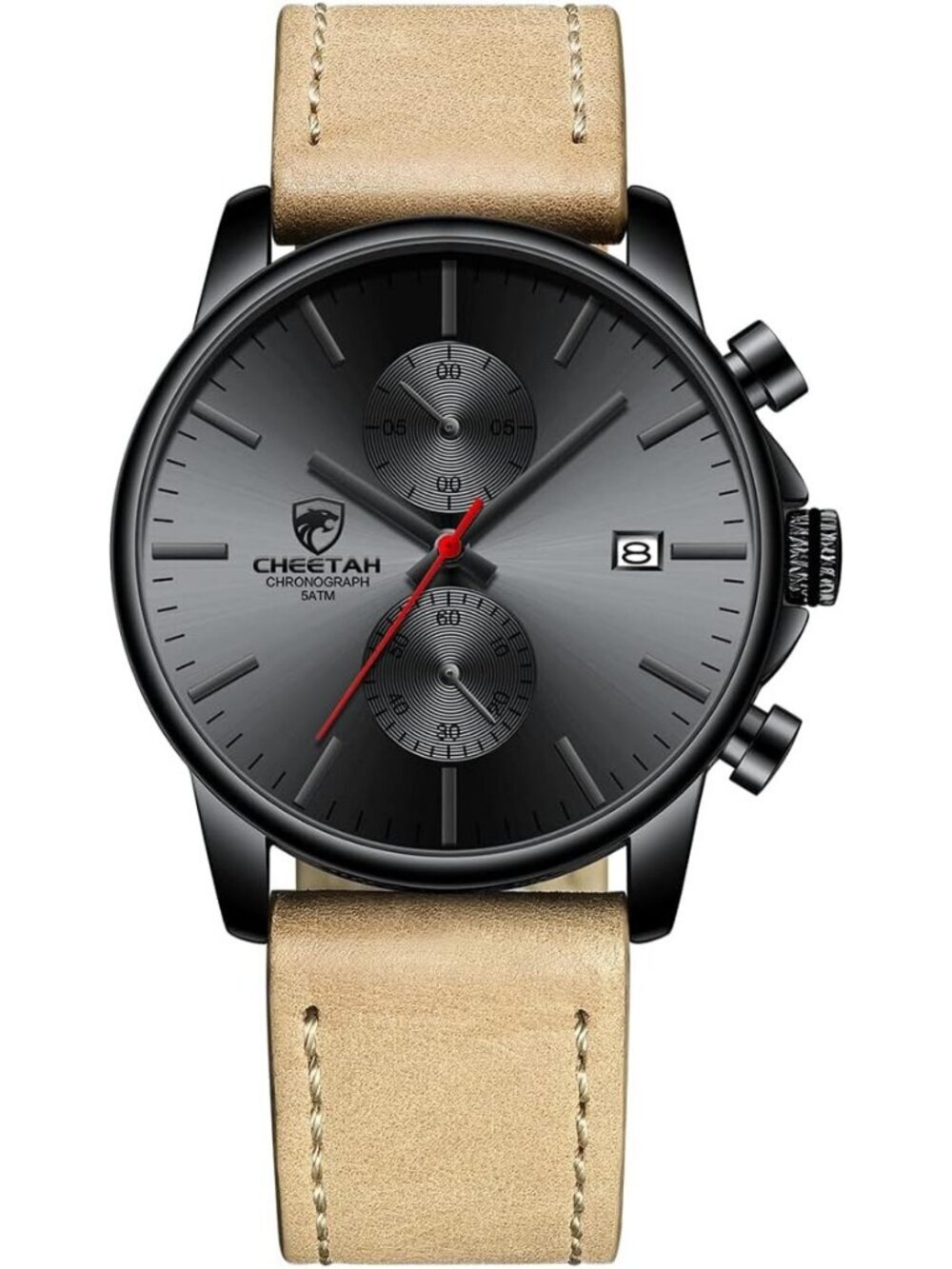 Men's Brown Black Quartz Analog Leather Strap Stainless Steel Chronograph Watch